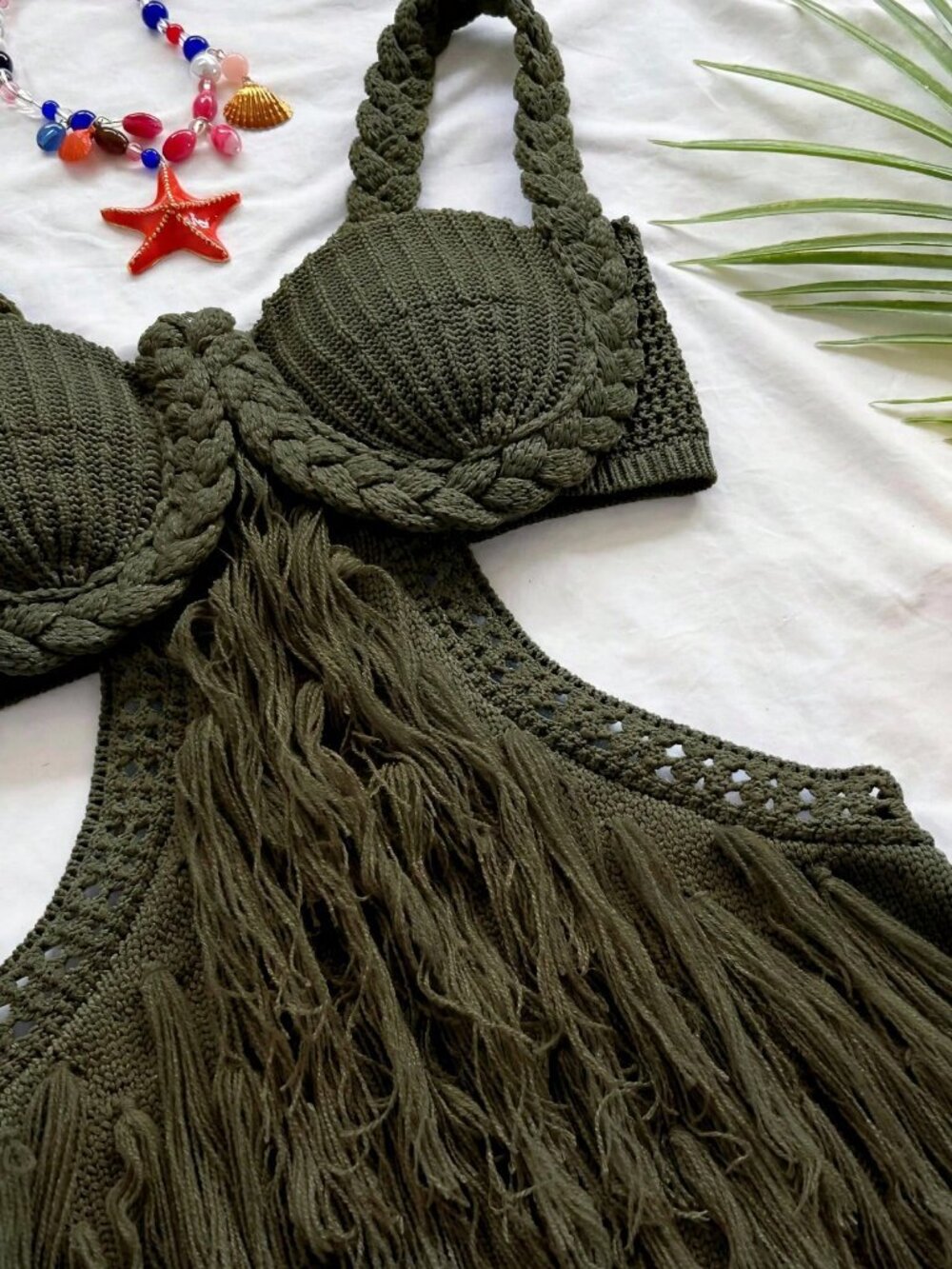Army Green Sexy Women's Spaghetti Strap Braided Mini Dress - Festival Outfit - Picture 3 of 7